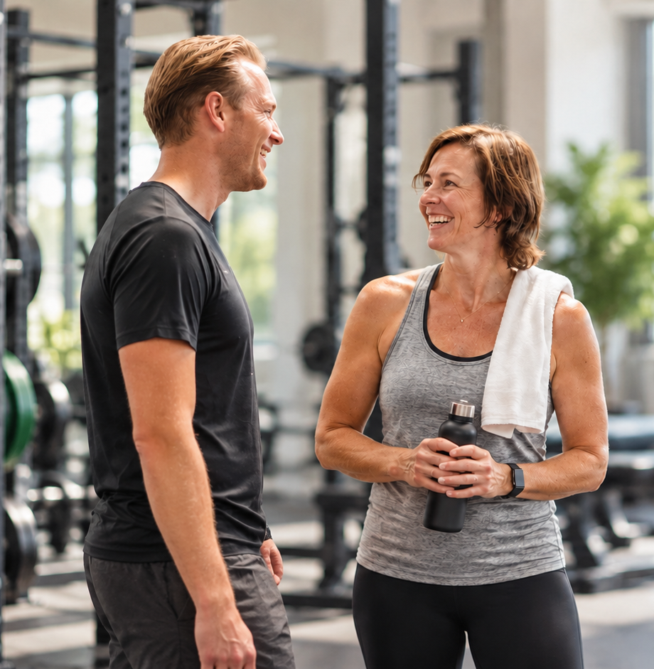 Coach praat lachend met een clublid in de gym