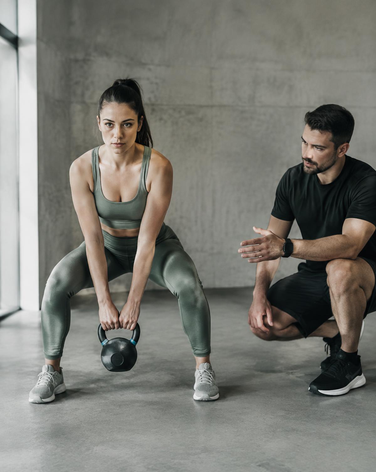 Coach begeleidt een vrouw tijdens kettlebell-training